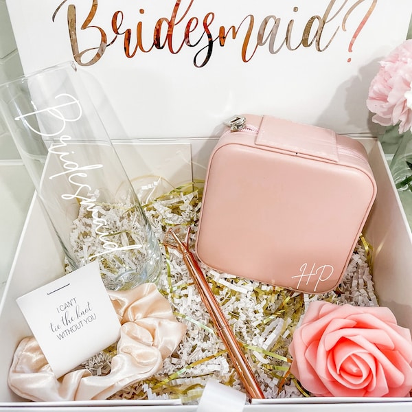 Bridesmaid Proposal Box | Custom Jewelry Box | Personalized Flute | Satin Scrunchie | Rose Gold Pen | Will you be my Bridesmaid Box