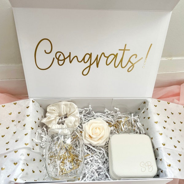 Bridal Box | Bride to Be Gift Box | Bride Wine Glass | Travel Jewelry Box | Personalized Shot Glass | Satin Scrunchie | Engagement Gift Box