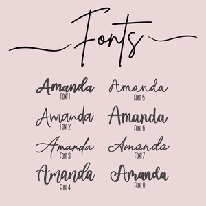 Op de afbeelding: Een grafiek met negen verschillende lettertypen voor de naam "Amanda". Elk lettertype is genummerd van 1 tot 9.