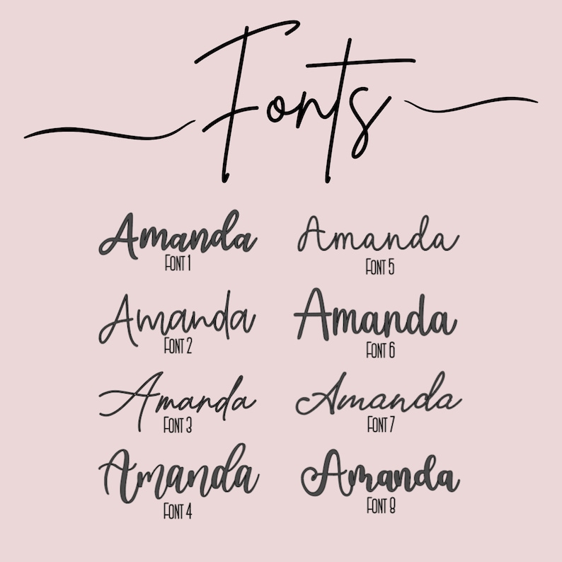Op de afbeelding: Een grafiek met negen verschillende lettertypen voor de naam "Amanda". Elk lettertype is genummerd van 1 tot 9.