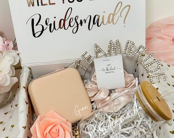 Bridesmaid Gift | Bridesmaid Proposal Box | Custom Jewelry Box | Custom Iced Coffee Cup | Bridesmaid Headband | Satin Scrunchie