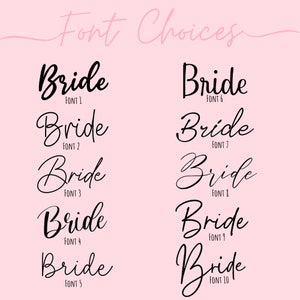 May include: Ten different font styles for the word "Bride" in black text on a pink background. The fonts are numbered 1 through 10.
