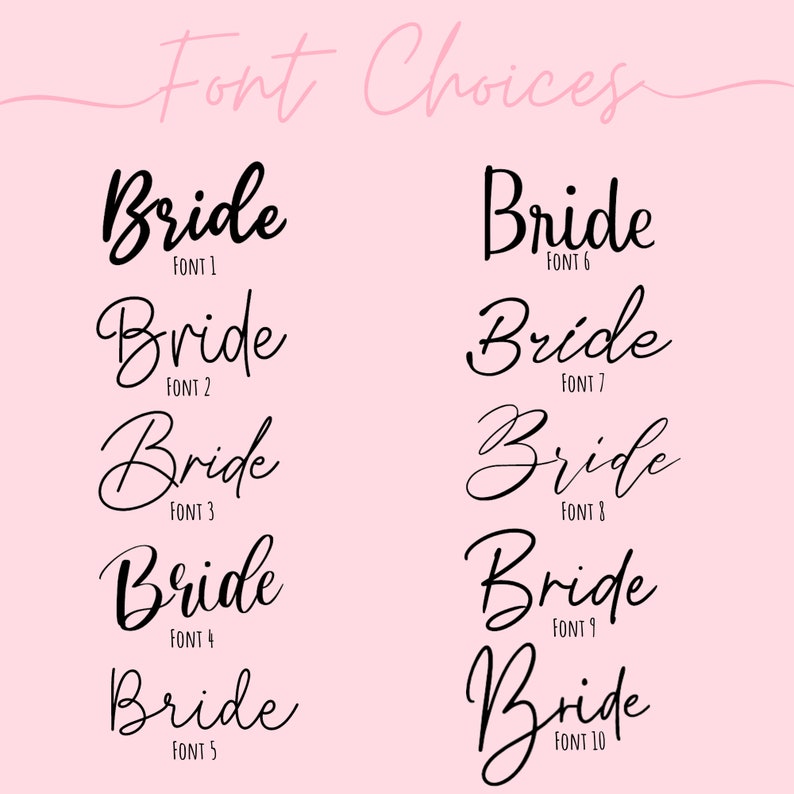 May include: Ten different font styles for the word "Bride" in black text on a pink background. The fonts are numbered 1 through 10.