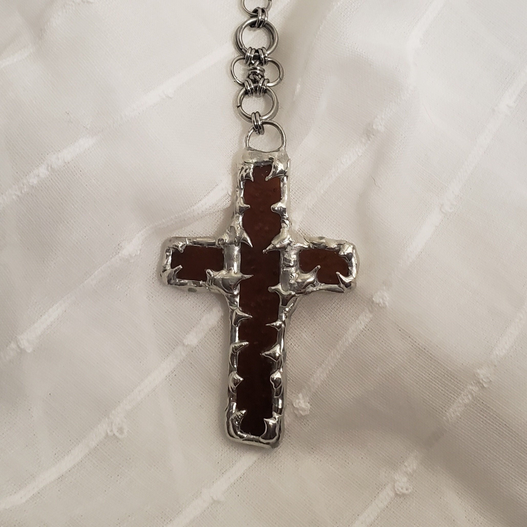 Brown Stained Glass Cross Necklace With Spikes on a Rosary Style Chain