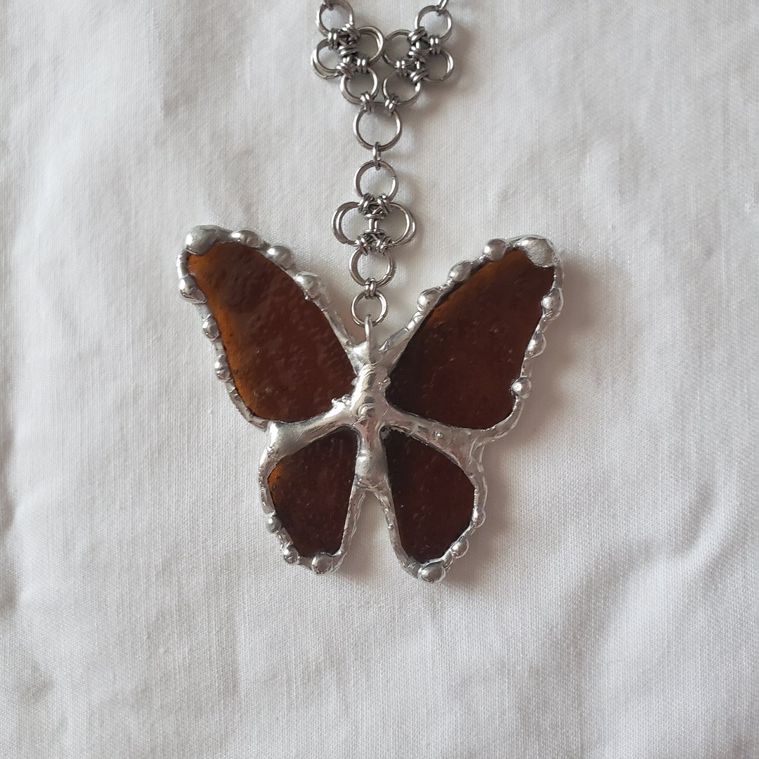 Brown Stained Glass Butterfly Necklace Statement Pendant Necklace