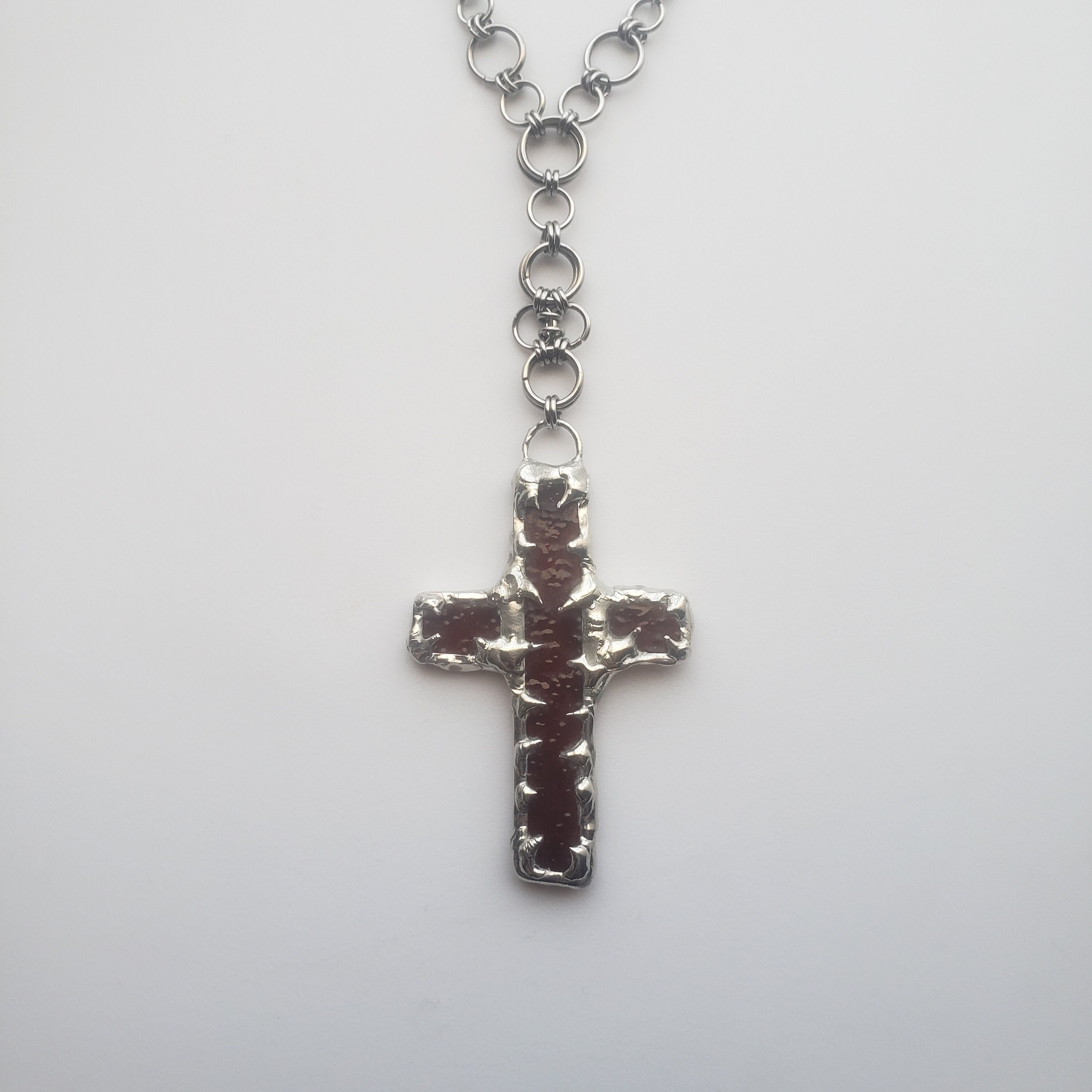 Brown Stained Glass Cross Necklace With Spikes on a Rosary Style Chain