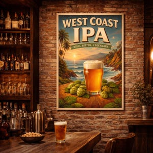May include: A framed poster for "West Coast IPA" featuring a pint of beer, hops, and a coastal landscape. The poster hangs on a brick wall in a bar. A glass of beer is on a wooden table.