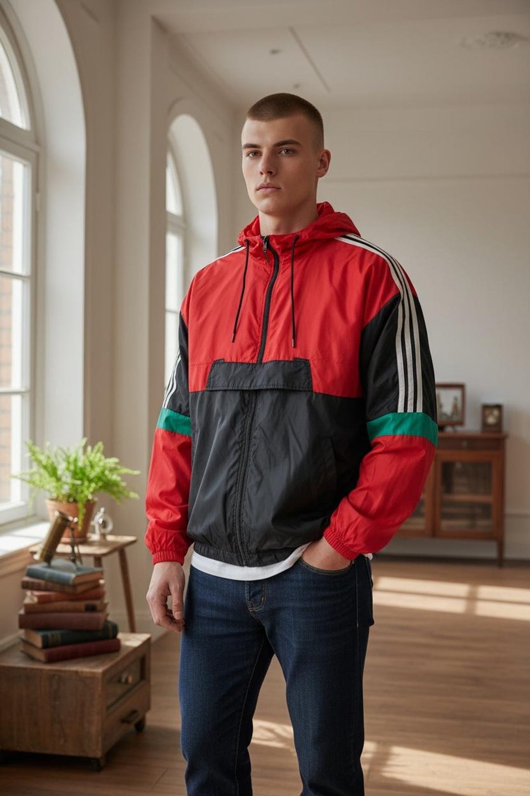 Vintage Colorblock Windbreaker Jacket – Red Black Green Hooded Pullover ...