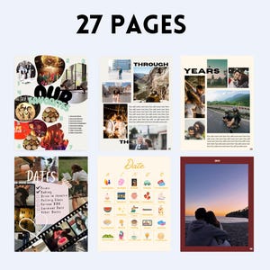 K&ouml;nnte beinhalten: Ein digitales Fotoalbum mit 27 Seiten, die eine Vielzahl von Fotos und Texten zeigen. Die Seiten beinhalten eine Collage von Fotos mit dem Text "Unsere Favoriten", eine Seite mit dem Text "Durch die Jahre", eine Seite mit dem Text "Termine", eine Seite mit einer Bingo-Karte f&uuml;r Termine und eine Seite mit einem Foto eines Sonnenuntergangs &uuml;ber dem Meer.