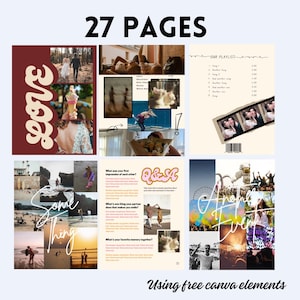 K&ouml;nnte beinhalten: Eine Collage von Bildern mit einem Hochzeitsthema. Die Bilder zeigen ein Paar, das heiratet, einen Hochzeitsempfang, eine Hochzeitstorte und eine Hochzeitseinladung. Der Text "Love" ist in einer gro&szlig;en, stilisierten Schrift oben auf der Collage geschrieben. Der Text "27 Pages" ist in einer gro&szlig;en, fetten Schrift oben auf der Collage geschrieben. Der Text "Our Playlist" ist in einer kleineren Schrift oben auf der Collage geschrieben. Der Text "Some Thing" ist in einer gro&szlig;en, stilisierten Schrift unten auf der Collage geschrieben. Der Text "Another Event" ist in einer gro&szlig;en, stilisierten Schrift unten auf der Collage geschrieben. Der Text "Q&A" ist in einer gro&szlig;en, stilisierten Schrift unten auf der Collage geschrieben. Der Text "Using free canva elements" ist in einer gro&szlig;en, fetten Schrift unten auf der Collage geschrieben.