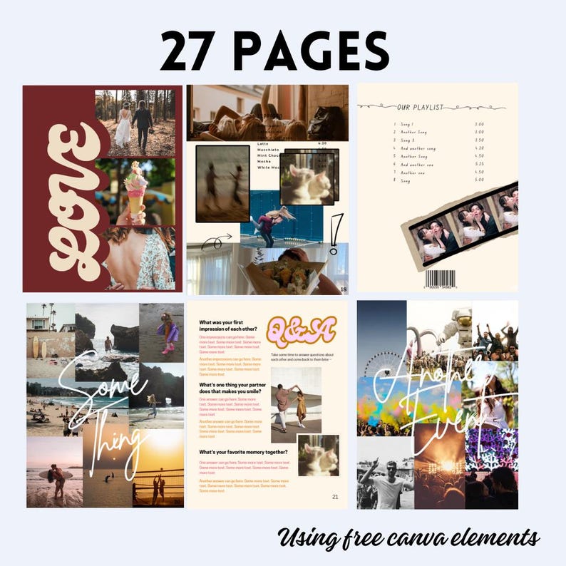 K&ouml;nnte beinhalten: Eine Collage von Bildern mit einem Hochzeitsthema. Die Bilder zeigen ein Paar, das heiratet, einen Hochzeitsempfang, eine Hochzeitstorte und eine Hochzeitseinladung. Der Text "Love" ist in einer gro&szlig;en, stilisierten Schrift oben auf der Collage geschrieben. Der Text "27 Pages" ist in einer gro&szlig;en, fetten Schrift oben auf der Collage geschrieben. Der Text "Our Playlist" ist in einer kleineren Schrift oben auf der Collage geschrieben. Der Text "Some Thing" ist in einer gro&szlig;en, stilisierten Schrift unten auf der Collage geschrieben. Der Text "Another Event" ist in einer gro&szlig;en, stilisierten Schrift unten auf der Collage geschrieben. Der Text "Q&A" ist in einer gro&szlig;en, stilisierten Schrift unten auf der Collage geschrieben. Der Text "Using free canva elements" ist in einer gro&szlig;en, fetten Schrift unten auf der Collage geschrieben.