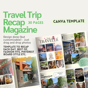 May include: A magazine template titled "Travel Trip Recap Magazine" with 30 pages, designed for travel recaps. The text "CANVA TEMPLATE" is visible. The magazine features photos and the text "THE TRAVELER". The text is in green.