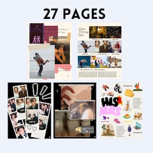 K&ouml;nnte beinhalten: Eine Collage aus Bildern mit Paaren, einer Hand, die ein Telefon h&auml;lt, und einer Seite mit dem Text "Down Memory Lane" und "His Hers" mit einer Liste von Lieblingsdingen. Die Collage tr&auml;gt den Titel "27 Pages".