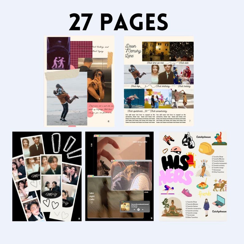 K&ouml;nnte beinhalten: Eine Collage aus Bildern mit Paaren, einer Hand, die ein Telefon h&auml;lt, und einer Seite mit dem Text "Down Memory Lane" und "His Hers" mit einer Liste von Lieblingsdingen. Die Collage tr&auml;gt den Titel "27 Pages".