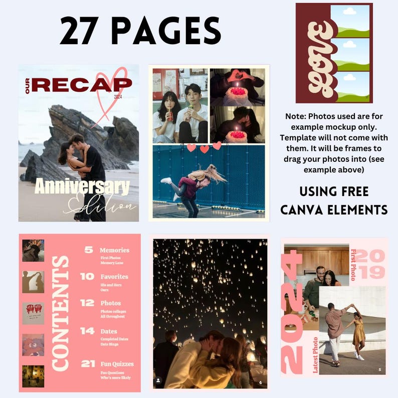 K&ouml;nnte beinhalten: Eine digitale Vorlage f&uuml;r ein 27-seitiges Jubil&auml;ums-Scrapbook mit einem rosa-wei&szlig;en Farbschema. Die Vorlage enth&auml;lt Seiten f&uuml;r Erinnerungen, Favoriten, Fotos, Daten und lustige Quiz. Der Text "Our Recap 2024" befindet sich auf dem Cover. Die Vorlage ist f&uuml;r die Verwendung mit kostenlosen Canva-Elementen konzipiert.