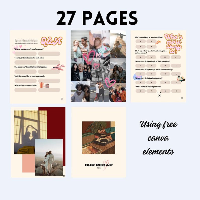 K&ouml;nnte beinhalten: Eine digitale Scrapbook-Vorlage mit 27 Seiten f&uuml;r Paare. Die Vorlage enth&auml;lt eine Fotocollage, eine "Q&A"-Seite, eine "Wer ist eher"-Seite und eine "Unser R&uuml;ckblick"-Seite. Die Vorlage ist f&uuml;r die Verwendung mit Canva konzipiert.