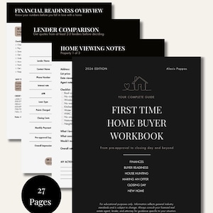 Op de afbeelding: Een stapel zwart-witte, afdrukbare werkboeken voor het kopen van een huis. Het belangrijkste werkboek heet "First Time Home Buyer Workbook" met een lijst met onderwerpen. De afbeelding bevat ook "Financial Readiness Overview" en "Lender Comparison" formulieren.