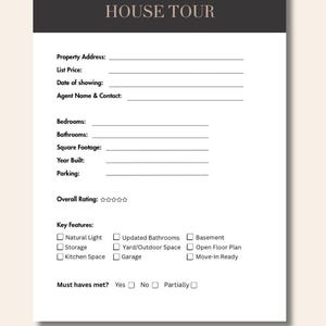 Op de afbeelding: Een wit House Tour-formulier met een donkerbruine kop. Het formulier bevat velden voor het adres van het pand, de vraagprijs, de datum van de bezichtiging en contactgegevens van de makelaar. Belangrijkste kenmerken zijn natuurlijk licht en een kelder.