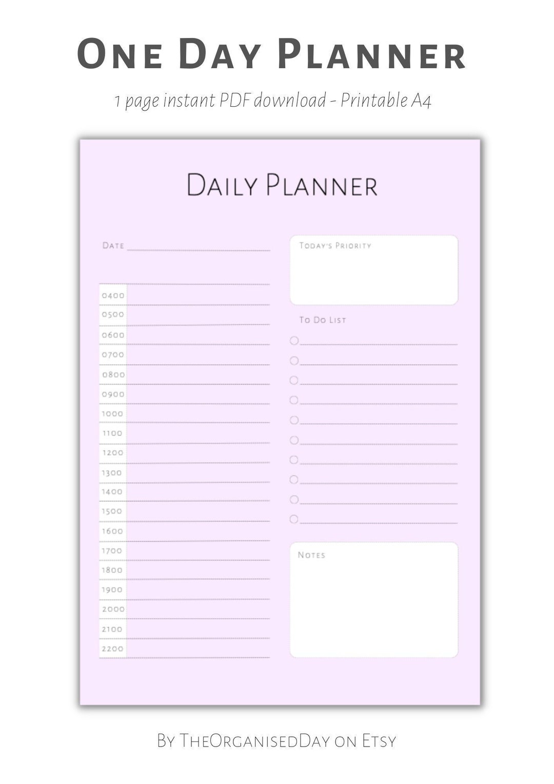 Pastel Lilac Daily Printable Minimal Planner, 24 Hour Work or Personal ...