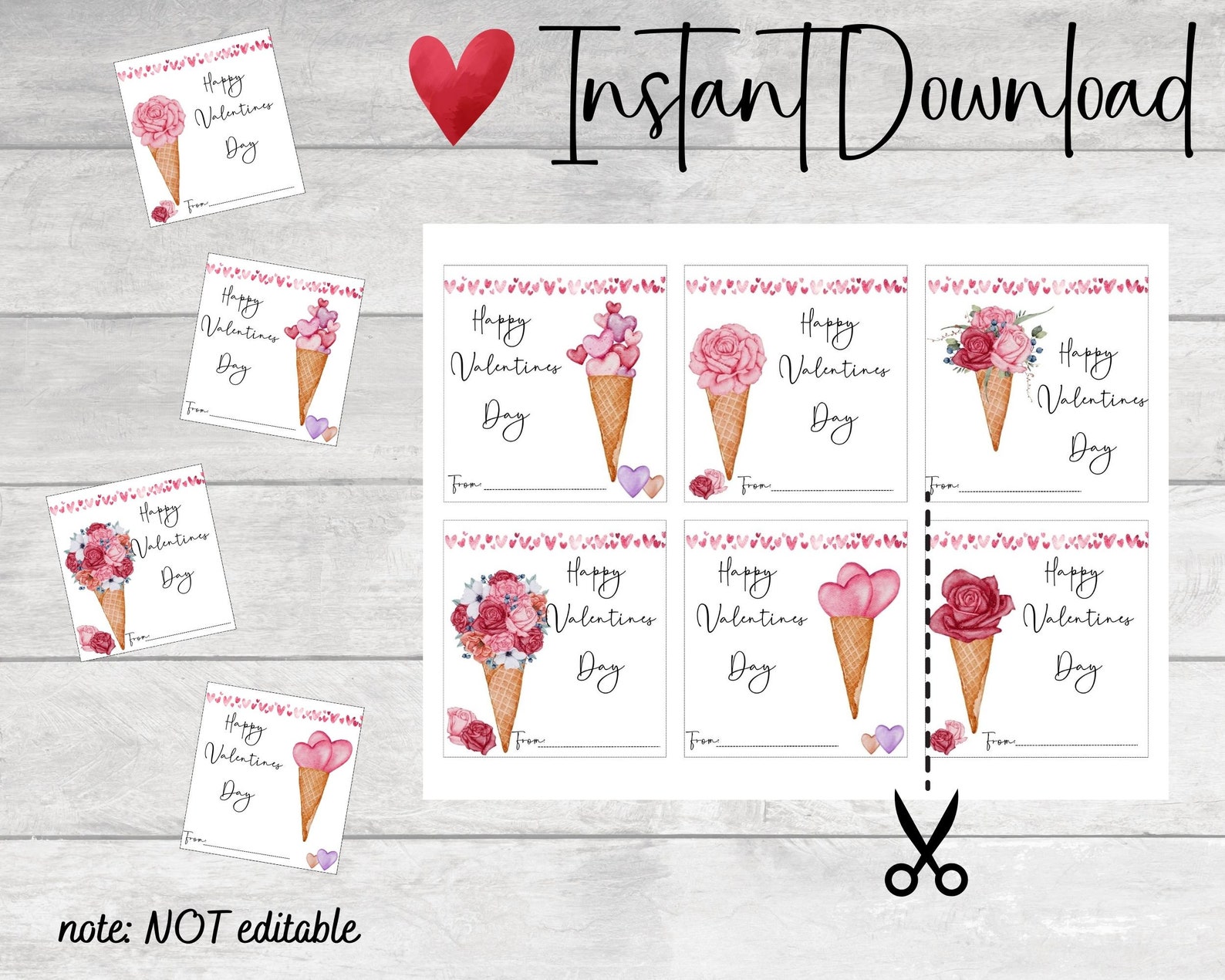 Ice Cream Cone Valentine Cards, Kids Valentine's Day Card, VDAY Cards