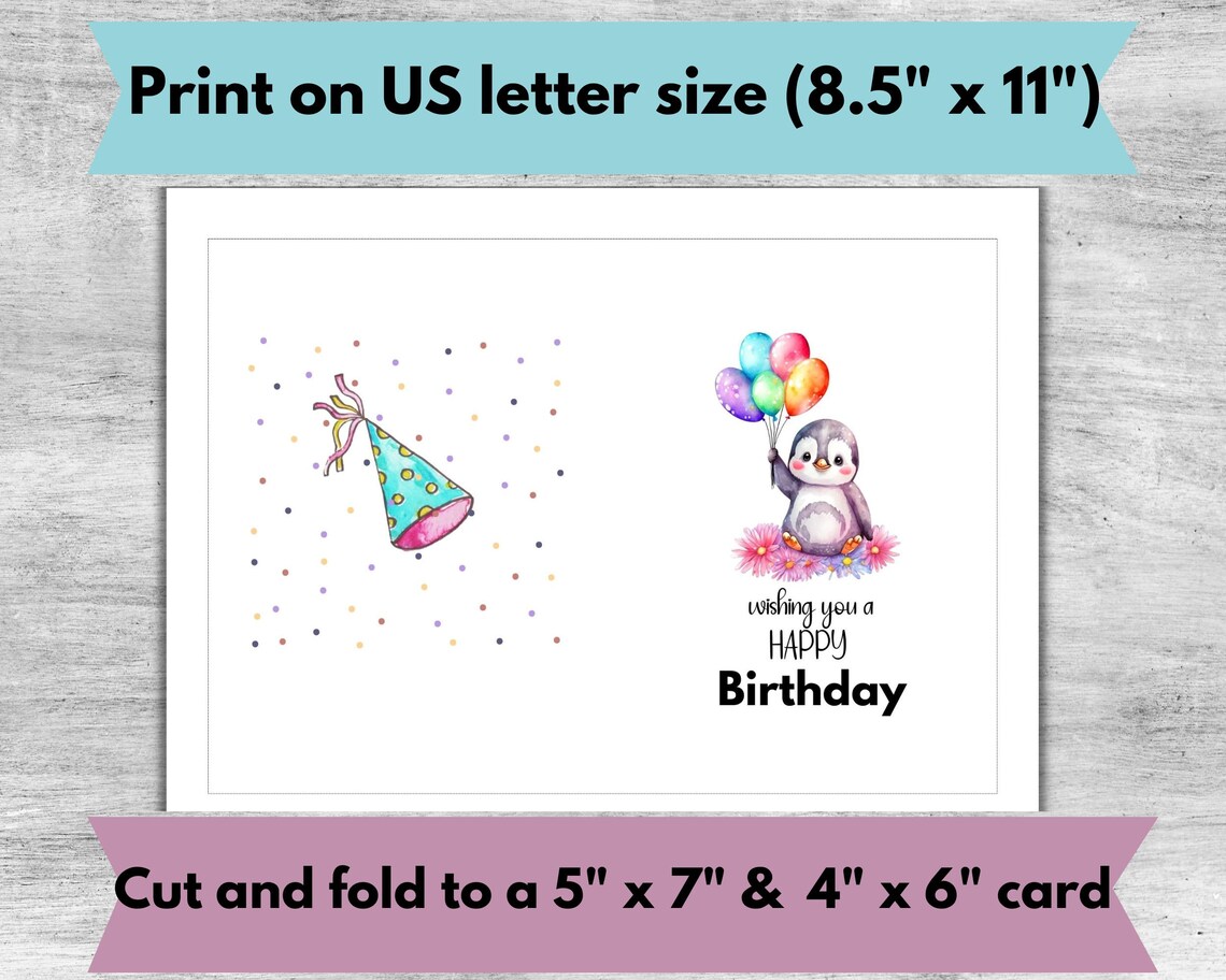 Birthday Card, Penguin, Digital Download, Printable Birthday Card, 5"x7 ...