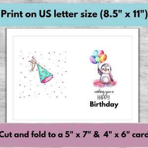 Birthday Card, Penguin, Digital Download, Printable Birthday Card, 5"x7 ...