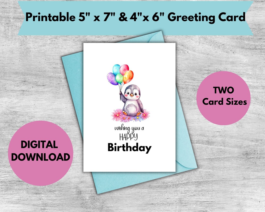 Birthday Card, Penguin, Digital Download, Printable Birthday Card, 5"x7 ...