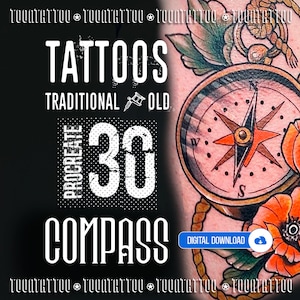 30 Compass Tattoo Stamps for Procreate: Brush Designs for iPad (Digital Download) - COMPASSES