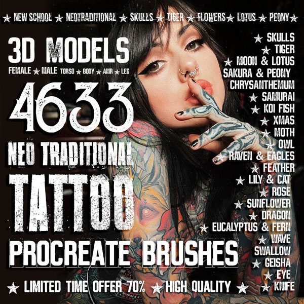 Neotraditional Tattoo | 4633 Best Procreate Neotrad Brushes | Tattoo Bundle For iPad | brushes neo traditional procreate  - NEW BUNDLE