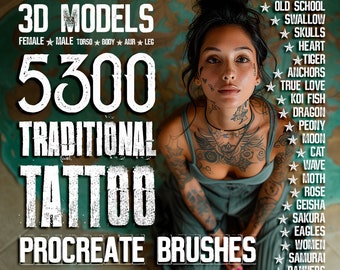 5.300 Traditional Tattoo Stamps - traditional brushes | 5300 Best Tattoo Designs | 38 Tattoo Sets for iPad | Must Have For Tattooers