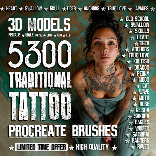 5.300 Sellos para tatuajes tradicionales - pinceles tradicionales / 5300 mejores diseños de tatuajes / 38 juegos de tatuajes para iPad / Must Have para tatuadores