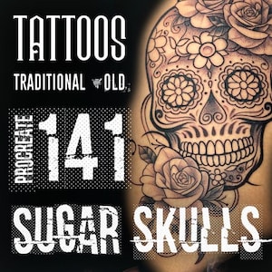Skull Brushes Tattoo Stamps for PROCREATE - Meilleurs designs de tatouage de crânes en sucre | Sets de tatouage pour iPad - CRANE EN SUCRE