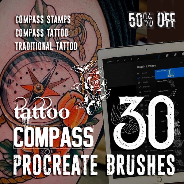 Compass Tattoo | 30 Best Procreate Compass Designs | Tattoo Sets for iPad | compass procreate brushes - COMPASS TATTOO