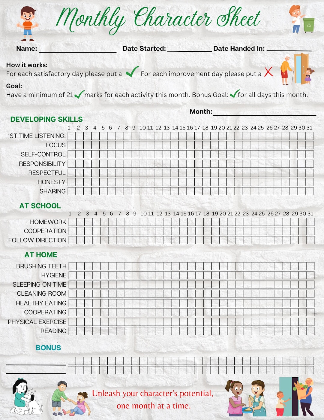 Achieve Your Kid's Character Development Goals With Our Monthly Character Sheet. - Etsy