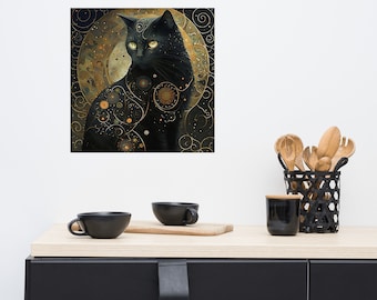 Gustav Klimt Garden Cat Print, Gustav Klimt Flowers Cat Poster, Black Cat Art, Gustav Klimt Cat, Museum-quality Art