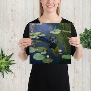 Monet Waterlily Cat Print, Claude Monet Cat Poster, Black Cat Art, Floral Print, Funny Cat print, Cat Lover gift, Home decor Poster