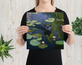 Impresión de gato con nenúfar de Monet, póster de gato de Claude Monet, arte de gato negro, impresión floral, impresión divertida de gato, regalo para amantes de los gatos, póster de decoración del hogar