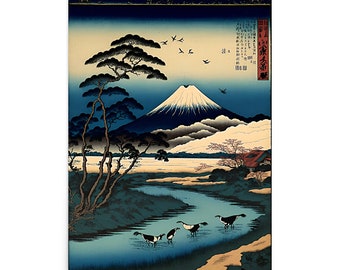 Op de afbeelding: Een houtsnede van de berg Fuji, een besneeuwde berg, met een rivier op de voorgrond en een paar vogels die erboven vliegen. De print is in tinten blauw, groen en wit.