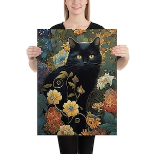 Gustav Klimt Garden Cat Print, Klimt Flowers Cat Poster, Black Cat Art, Floral Print, Funny Cat print, Funny gift, Home Decor Poster