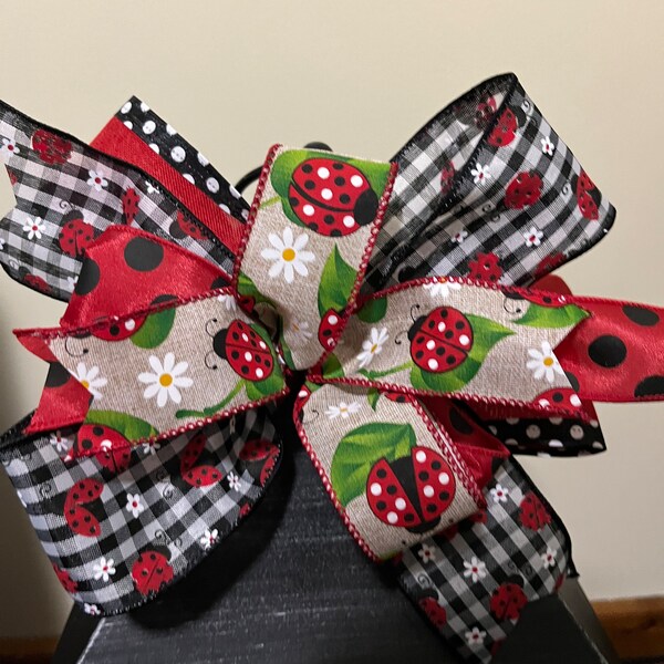 Ladybug Bow for summer wreaths, summer lanterns, red black and white decor, ladybug decor, summer ribbon, ladybug ribbon, gingham ribbon