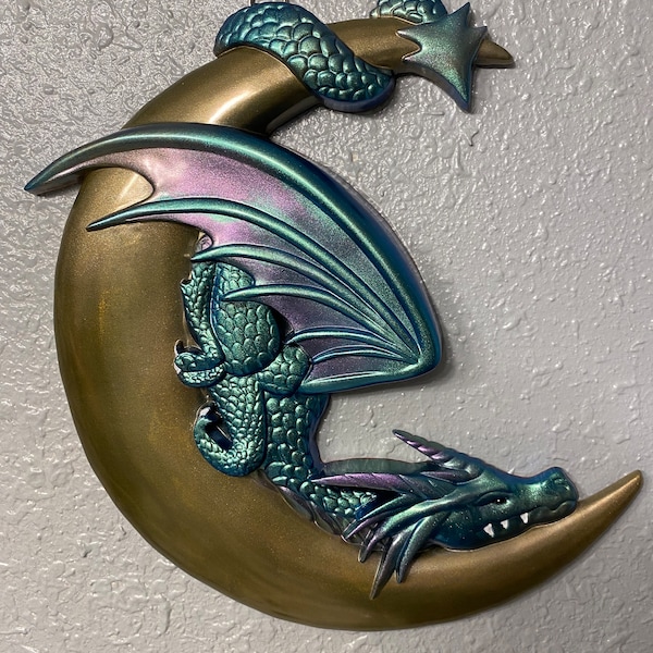 Dragon moon wall decor/sleepy dragon laying on a moon wall decor