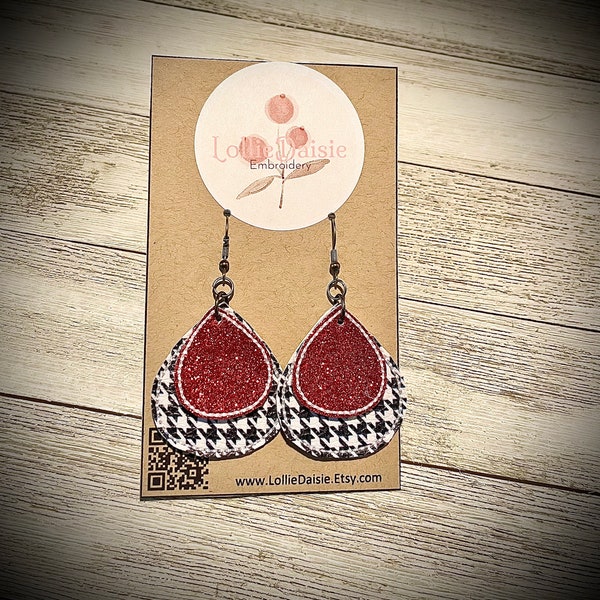 Houndstooth and Crimson Earrings/Glitter Earrings/Crimson Tide Inspired