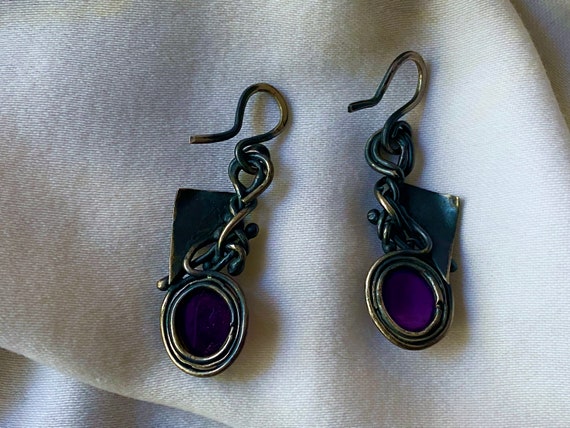 Mexican Handmade Amethyst and Silver Drop Earrings - image 2