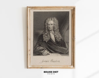 Retrato vintage de Isaac Newton / Retrato rústico melancólico / Grabado al aguafuerte / Decoración ligera académica / Arte clásico antiguo / IMPRIMIBLE / 061