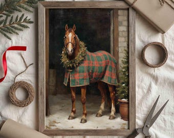 May include: A framed print of a horse wearing a wreath and a red and green plaid blanket. The print is surrounded by holiday-themed items, including a wrapped gift, twine, scissors, and a roll of paper. The text "BOUJEE DIET PRINTS" is at the bottom.