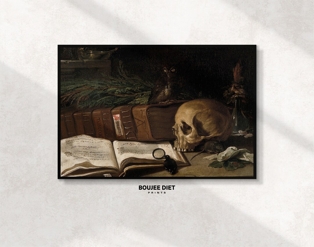 Totenkopf Totenschädel Blumen Botanik Gothic Halloween - Kunstdruck Antiker Viktorianischer Buchseite Dark Academia