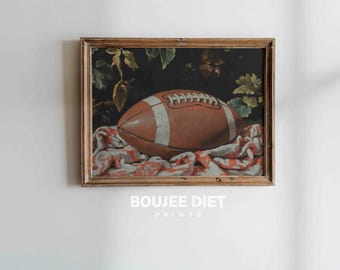 May include: A framed print featuring a still life of a football resting on a red and white patterned cloth. The football is brown with white stripes and laces. The background is dark with foliage. The text "BOUJEE DIET PRINTS" is at the bottom.