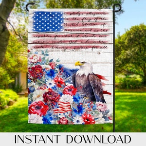 Bandiera del giardino floreale patriottico, 4 luglio, bandiera americana, giuramento di fedeltà, aquila calva, download digitale, sublimazione, PNG, 300 DPI
