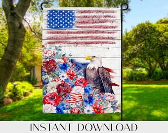 Bandiera patriottica da giardino floreale: bandiera americana, aquila calva (download digitale)