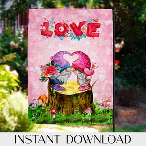 Valentine Gnome Love Garden Flag Sublimation Design (Digital Download)